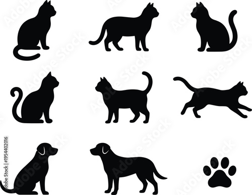 Cat and Dog Silhouette Set with Different Pet Poses and Paw Print Icon, Domestic Animal Vector Illustration Collection