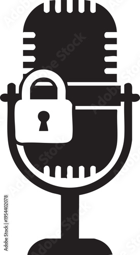 Secure microphone icon, locked podcast mic, censorship symbol, black and white vector graphic