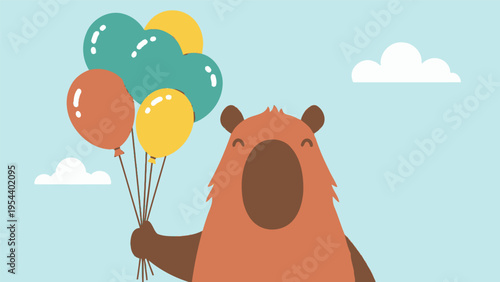 Cartoon Bear Holding Colorful Balloons.