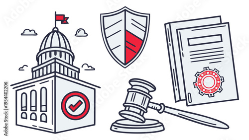 Corporate governance icon set with regulation files, legal contracts and security shield symbols. Minimal line icons designed for fintech, legal tech, and professional business interfaces.