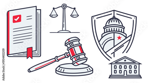 Corporate governance icon set with regulation files, legal contracts and security shield symbols. Minimal line icons designed for fintech, legal tech, and professional business interfaces.