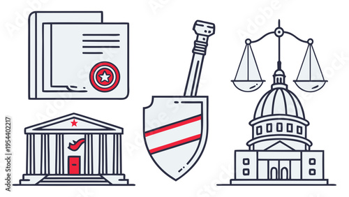 Corporate governance icon set with regulation files, legal contracts and security shield symbols. Minimal line icons designed for fintech, legal tech, and professional business interfaces.