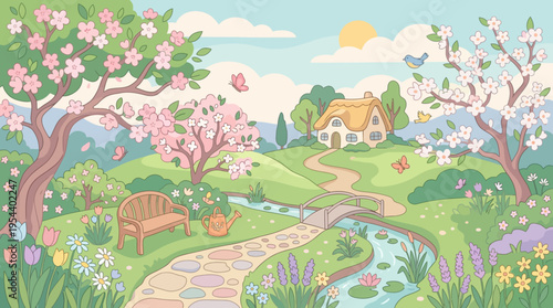 Serene Spring Landscape Illustration Showing a White House on a Hill with a Stone Pathway, Blooming Flowers, Gentle Pond, Blue Sky and Sunlit Valley from a Panoramic Front View