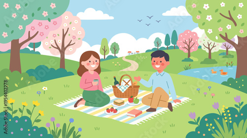 Cheerful couple enjoying a sunny park picnic on a colorful striped blanket with a playful teddy bear, captured in a vibrant vector illustration from a relaxed, close-up viewpoint