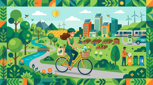 Joyful woman riding a yellow bicycle with basket through a lush green park path, bright sunny sky, city skyline, wind turbines and stream view – vibrant vector illustration perspective