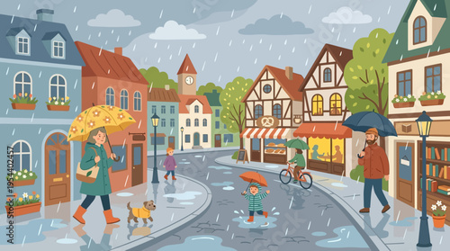 Two people with dogs strolling down a rainy town street under colorful umbrellas, captured in a vibrant vector illustration from a street-level viewpoint, showcasing cozy urban charm