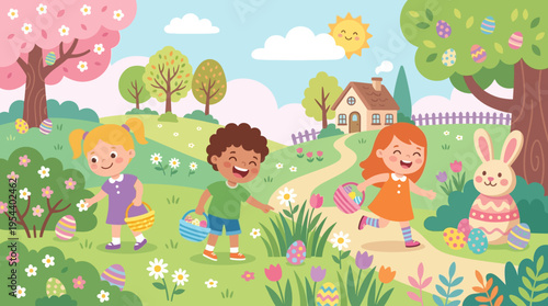 Four children and a rabbit play together in a sunshine garden, captured as a lively cartoon vector illustration from a joyful wide‑angle view, showcasing pastel colors and bright smiles