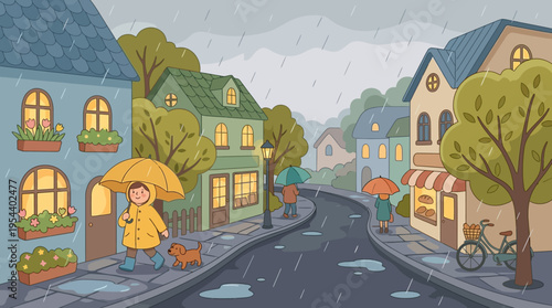 Person in yellow raincoat and blue pants holding umbrella walks with orange cat on leash down a wet curved street of a small town on a rainy daytime, seen from a view in a cartoon vector illustration