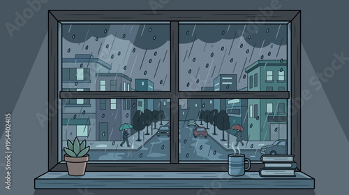 Contemplative Rainy-Day Window Scene Captured from Inside Looking Out, Featuring Six-Pane Frame, Shelved Ledge, Urban Street View, Dim Interior Light, Vector Illustration