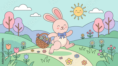 Playful pink bunny hopping along a winding flower‑lined path in a sunny meadow, holding a wicker basket of purple eggs, under bright blue sky and distant mountains – vector illustration