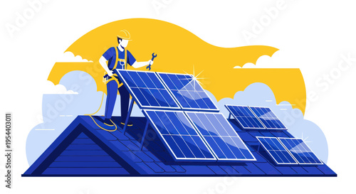 Solar Panel Installation: Worker on Rooftop, Renewable Energy Concept