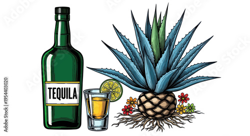 Tequila Bottle, Shot Glass, Agave Plant, Lime Slice, and Flowers - Mexican Drink Illustration