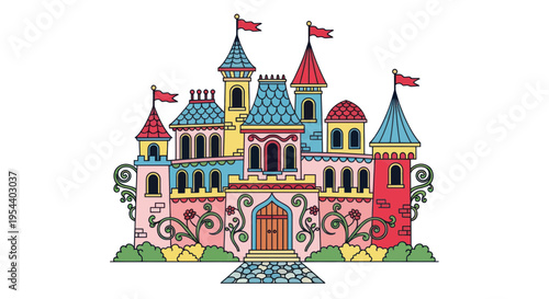 Whimsical Pink Castle with Flags and Flowers, Fairytale Illustration