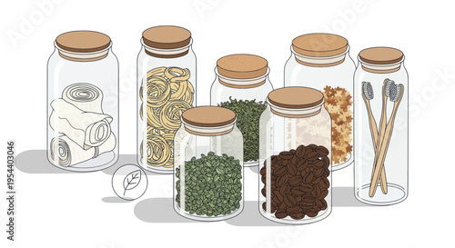 Zero Waste Kitchen Storage: Jars with Pasta, Beans, Coffee, Toothbrushes, and Towels