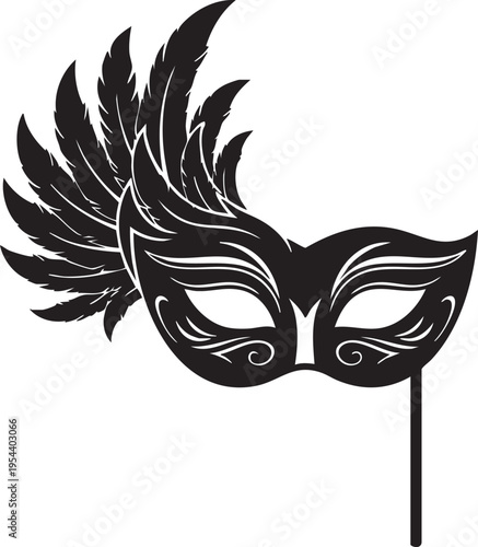 Black feathered masquerade mask vector