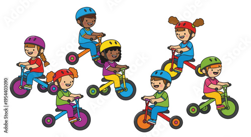 Diverse Kids Riding Tricycles Together on White Background