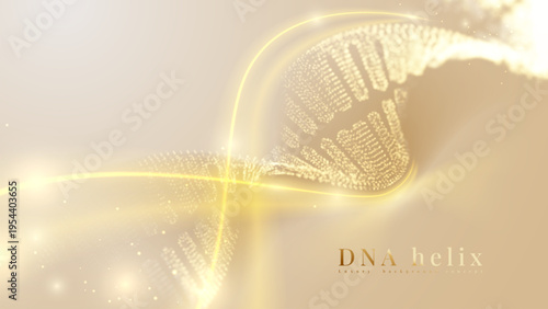 Gold glow DNA helix with golden curve neon decoration, Futuristic technology elegant concept in particle shape.