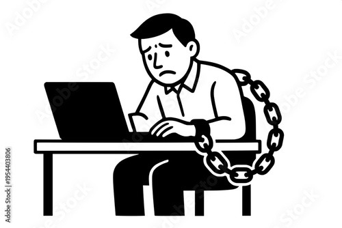 Work pressure concept with man chained to workstation silhouette