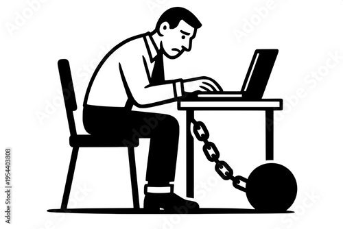 Slave to the corporate office life chained to desk silhouette vector
