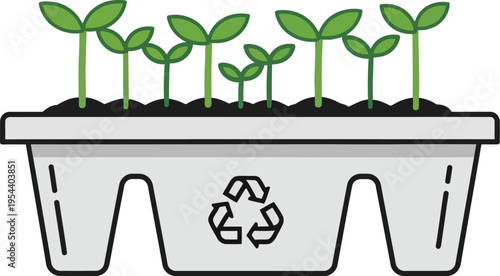 Sustainable seedling tray vector icon recycled material sprouting plants eco growth concept minimal flat design white background illustration