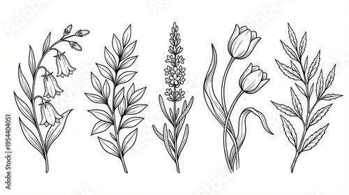 Elegant Botanical Ensemble: A collection of exquisite line-art botanical illustrations showcasing diverse floral elements and foliage, perfect for adding a touch of natural beauty and sophistication.