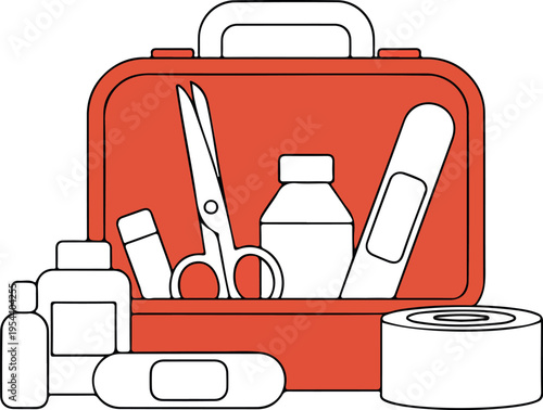 First aid kit with medical supplies, bandages, antiseptic, scissors, medicine, emergency equipment, health care essentials for injury treatment