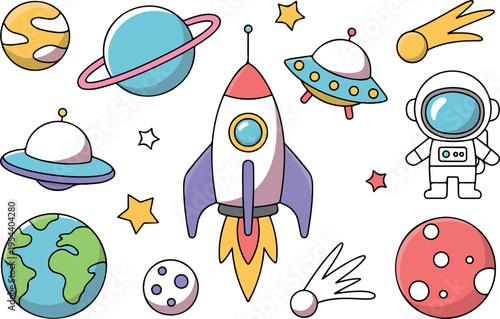 Astronaut and rocket launch in outer space with planets, stars, galaxy, spacecraft, and cosmic exploration vector illustration