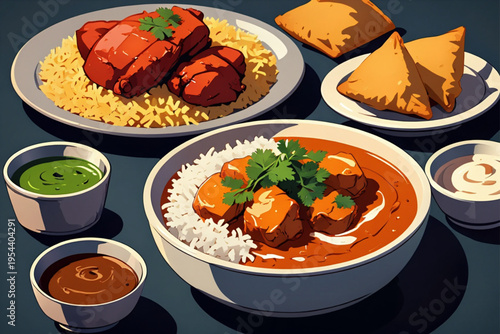 A plate of indian food with rice and meat
