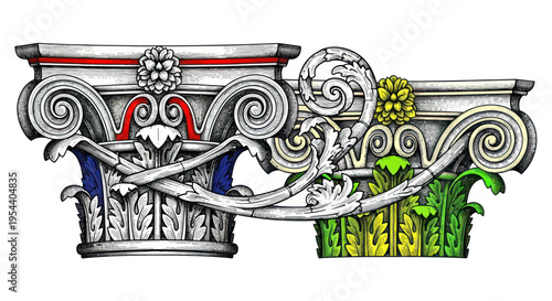 Antique Corinthian Column Capitals, Ornate Architectural Elements, Greek Roman Design