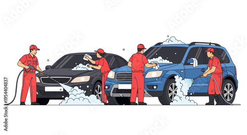 Car Wash Service: Workers Cleaning Vehicles with Soap and Water