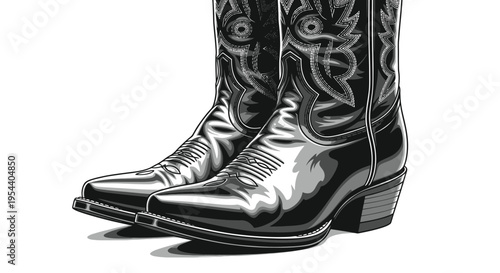 Classic Western Cowboy Boots, Detailed Illustration, Isolated on White Background