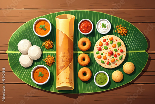 A traditional indian thali on a banana leaf with various food