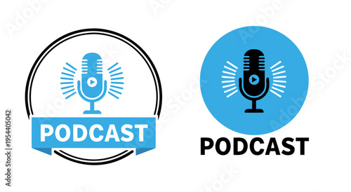 Retro Microphone and 'Podcast' Text - Vintage Audio Recording Vector Illustration for Broadcasts and Media