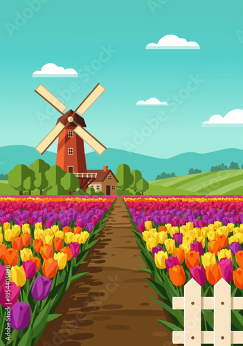 Vibrant Tulips Field with Windmill and Farmhouse A Beautiful Vector Illustration for Springtime Scenes and Rural Landscapes