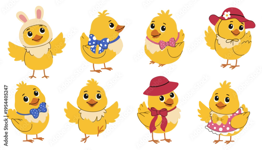 Fototapeta premium Chick cartoon characters wearing various costumes and accessories happily