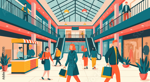 Vibrant vector illustration of people shopping and walking inside a modern, brightly lit indoor shopping mall with escalators and storefronts