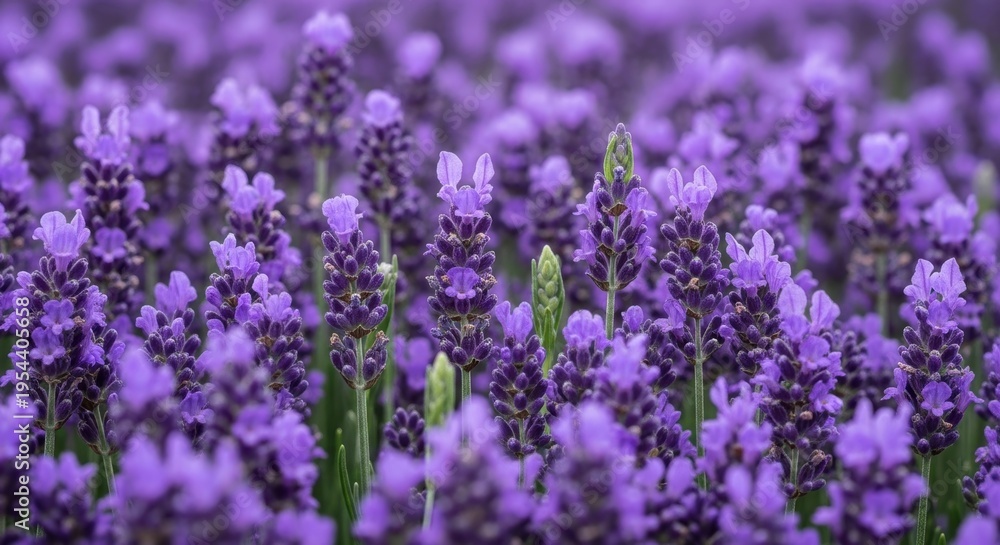 Naklejka premium Vibrant purple lavender field in full bloom, close-up view showcasing delicate floral texture and natural beauty, perfect for serene backgrounds and botanical themes