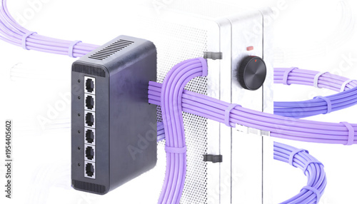 3D IT network infrastructure icons including router, server rack and data cables. High-quality isolated transparent background icons for networking, cloud systems and tech visuals.