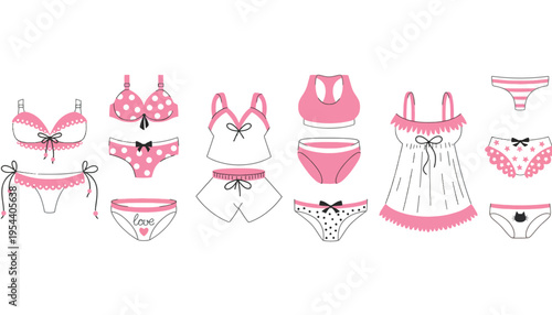 Lingerie set of various pink and white women's underwear illustrations