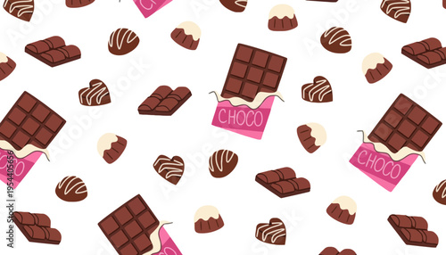 Chocolate chocolate bar vector illustration with pink wrapper and sweet treats