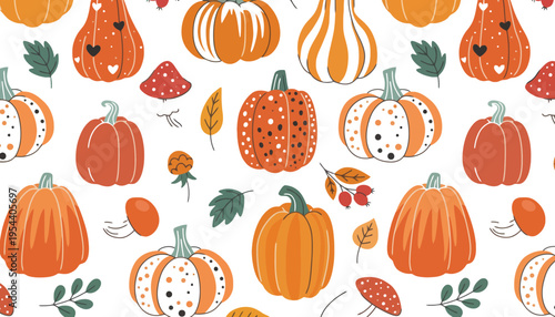 A vibrant pumpkin illustration pattern with various autumnal elements and designs