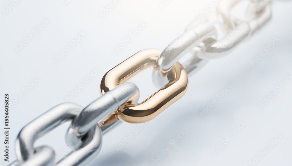 Fototapeta premium Golden link stands out in a strong silver chain, symbolizing connection, uniqueness, and partnership