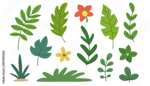 A leaf vector illustration set with colorful flowers and various green leaves