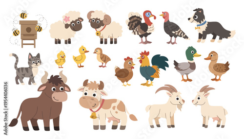 Farm animal vector illustration set with cartoon characters and beehive
