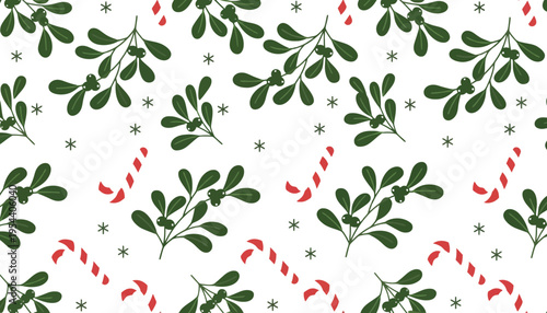 Mistletoe seamless pattern with candy canes and stars on white background