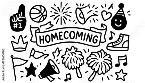 A homecoming illustration with various school spirit icons and symbols
