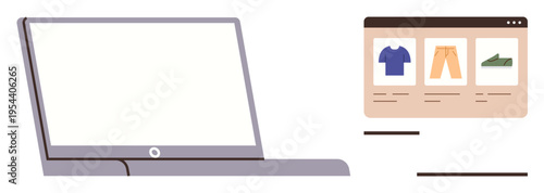 E-commerce, online retail, digital marketplaces, fashion shopping, internet technology, remote purchases. Laptop showing clothing items. E-commerce and online retail concept