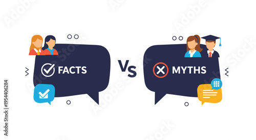 Comparison of facts versus myths illustrated with speech bubbles and diverse character avatars in a modern flat design.