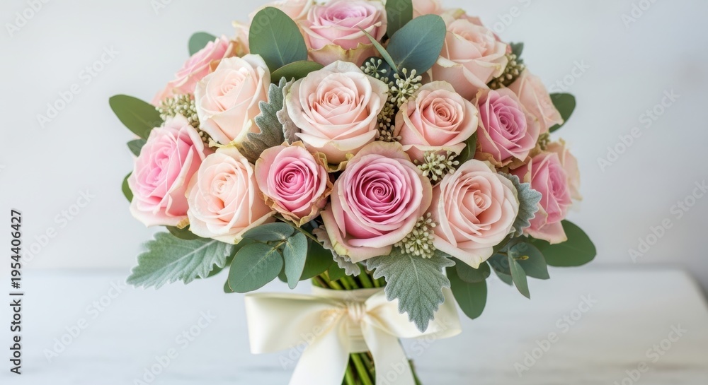 Obraz premium Elegant bridal bouquet featuring delicate pink and light peach roses with green eucalyptus leaves, tied with a creamy white ribbon, perfect for weddings and special occasions. isolated PNG with