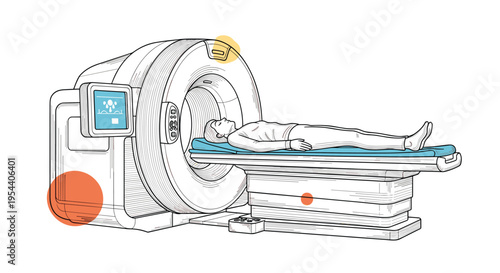 Medical illustration showing a patient undergoing an MRI or CT scan in a large diagnostic machine at a hospital clinic.